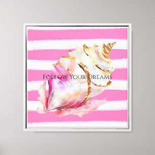 Impressão Em Tela Pink Watercolor Beach Strike Dourado Shell
