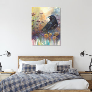 Impressão Em Tela Pintado à Mão Raven com Flores Selvagens