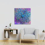 Impressão Em Tela Pintar Splatters Na Flor Mandala Azul Emboscada<br><div class="desc">Esta tela de desenho abstrato contém pinturas e uma flor de mandala azul gravada em fundo de cor d'água roxo/lacre/laranja,  dando a esta peça seu próprio aspecto distintivo.</div>