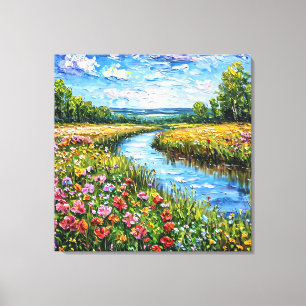 Impressão Em Tela Pintura a óleo de lago e campo de flores