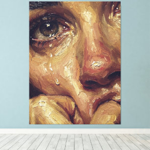 Impressão Em Tela Pintura a Óleo de Retrato Chorando — Textura Emoci