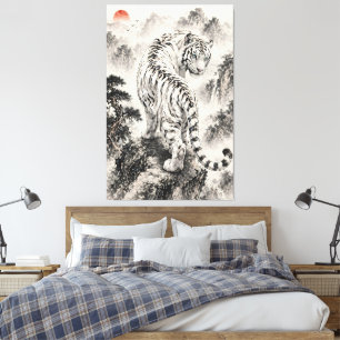 Impressão Em Tela Pintura a Tinta do Tigre Branco no Penhasco da Mon