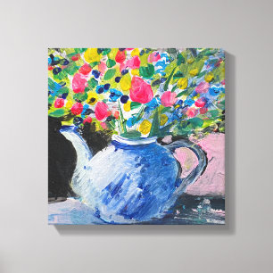 Impressão Em Tela Pintura acrílica, flores coloridas no bule