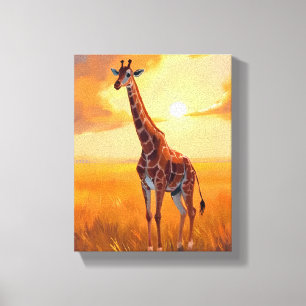 Impressão Em Tela Pintura Animal Safari Girafa Pôr do Sol