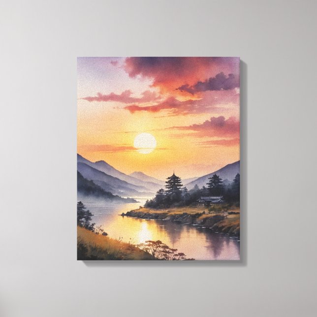 Impressão Em Tela pintura aquosa de um rio com montanhas e (Frente)