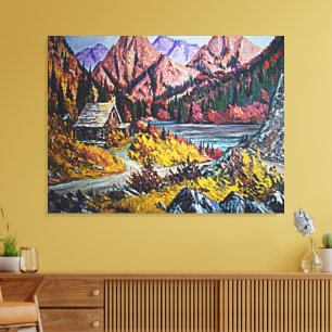 Impressão Em Tela Pintura Artística de Cabana à Beira do Lago Grande