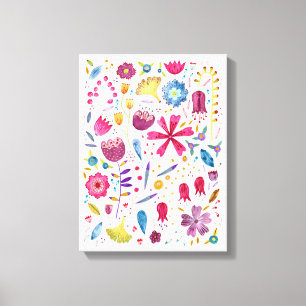 Impressão Em Tela Pintura Botânica de Flores Silvestres em Aquarela