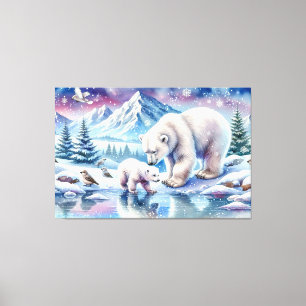 Impressão Em Tela Pintura Cena Nevada Família de Ursos Polares