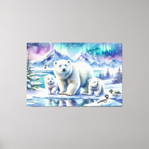Impressão Em Tela Pintura Cena Nevada Família de Ursos Polares