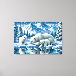 Impressão Em Tela Pintura Cena Nevada Família de Ursos Polares