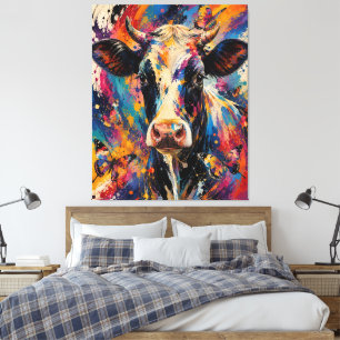 Impressão Em Tela Pintura Colorida e Abstrata de Vaca com Borboletas