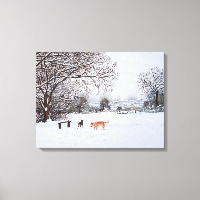 Impressão Em Tela pintura da paisagem da neve com cães (Frente)