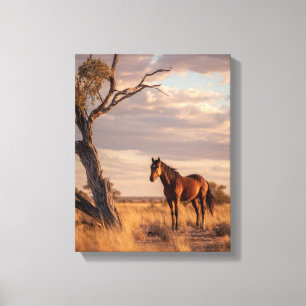 Impressão Em Tela Pintura da Savana Dourada com Cavalo Castanho
