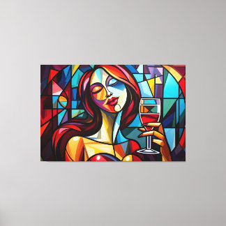 Impressão Em Tela pintura de abstrato de mulher desfrutando de vinho