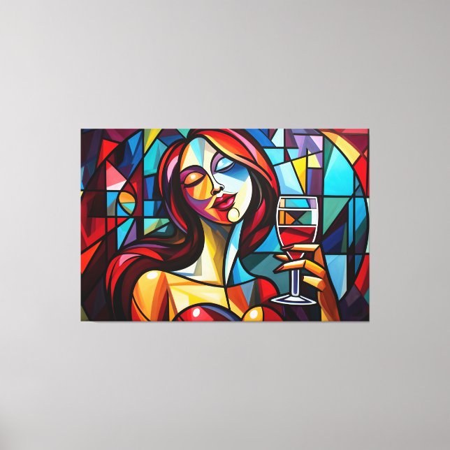 Impressão Em Tela pintura de abstrato de mulher desfrutando de vinho (Frente)