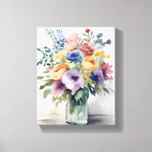 Impressão Em Tela Pintura de Buquê Floral em Aquarela