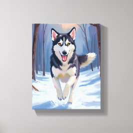 Impressão Em Tela Pintura de Cachorro Husky Siberiano Inverno
