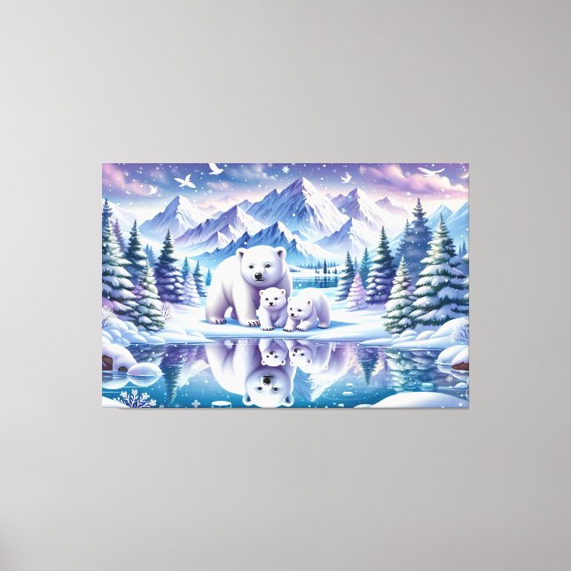 Impressão Em Tela Pintura de Cena Neve da Família Polar Bear (Frente)