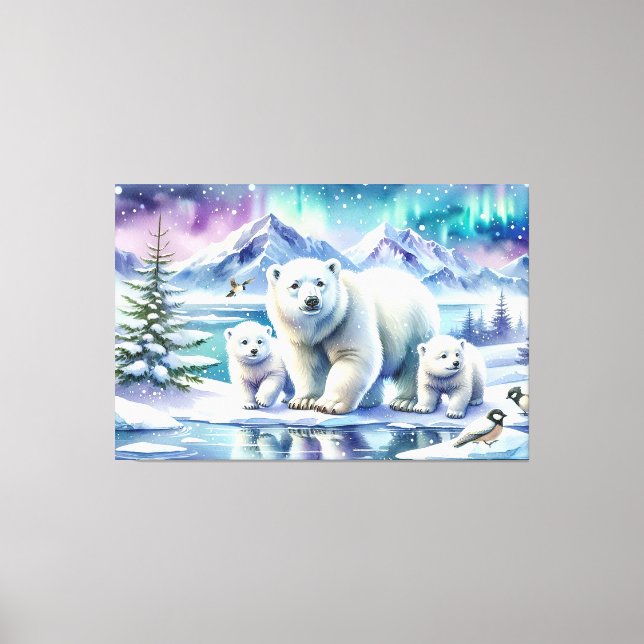 Impressão Em Tela Pintura de Cena Neve da Família Polar Bear (Frente)