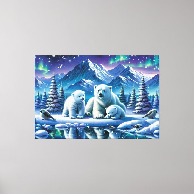 Impressão Em Tela Pintura de Cena Neve da Família Polar Bear (Frente)