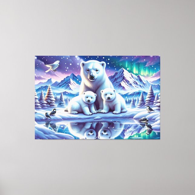 Impressão Em Tela Pintura de Cena Neve da Família Polar Bear (Frente)