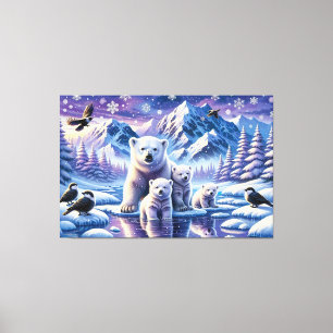 Impressão Em Tela Pintura de Cena Neve da Família Polar Bear