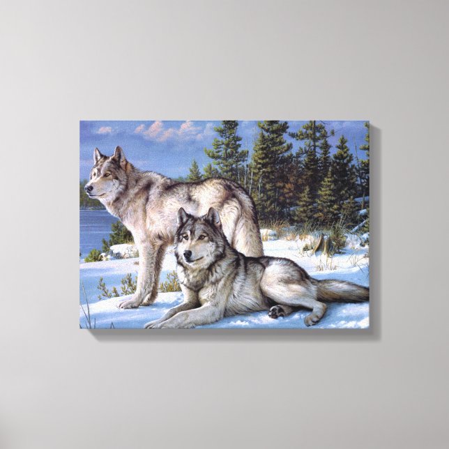 Impressão Em Tela Pintura de dois lobos árticos (Frente)