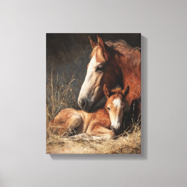 Impressão Em Tela Pintura de Égua Castanha e Potro (Frente)