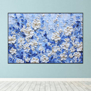 Impressão Em Tela Pintura de Impasto Floral Branco com Folhas Azuis