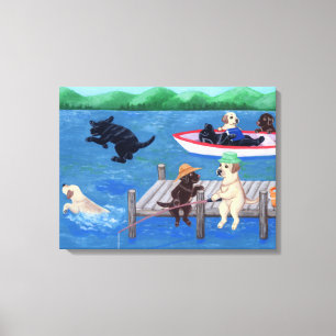 Impressão Em Tela Pintura de Labradors do divertimento do lago