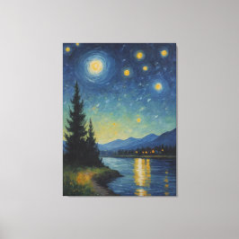 Impressão Em Tela pintura de lago e árvores à noite