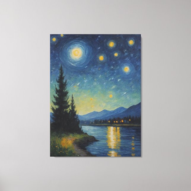 Impressão Em Tela pintura de lago e árvores à noite (Frente)