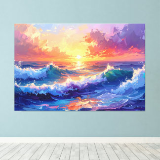 Impressão Em Tela Pintura de ondas no pôr do sol nascer do sol 001