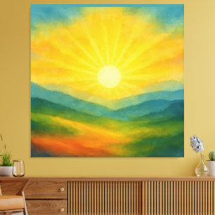 Impressão Em Tela Pintura de paisagem ao nascer do sol em aquarela