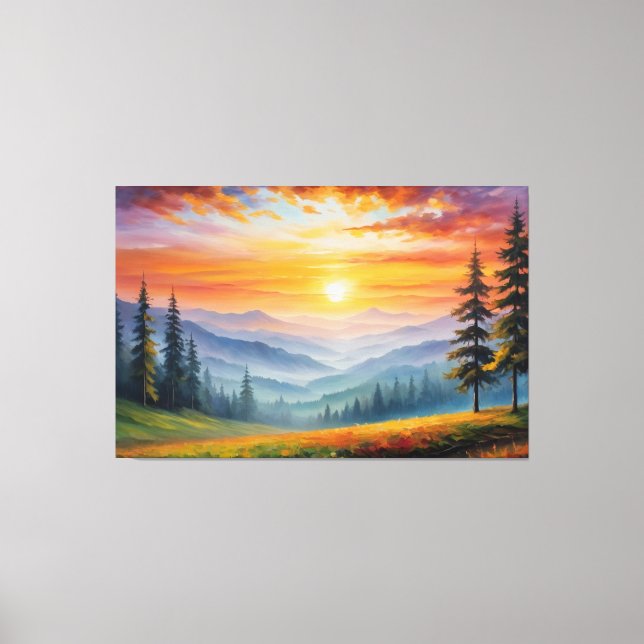 Impressão Em Tela pintura de paisagem com montanhas e árvores (Frente)