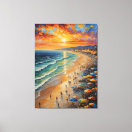 Impressão Em Tela pintura de praia com pessoas e guarda-chuvas