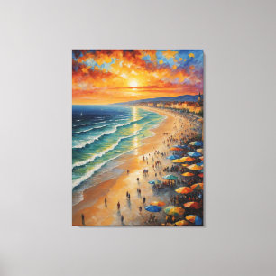 Impressão Em Tela pintura de praia com pessoas e guarda-chuvas
