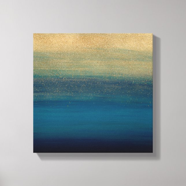 Impressão Em Tela Pintura de Traços Azuis Dourados Modernos (Frente)