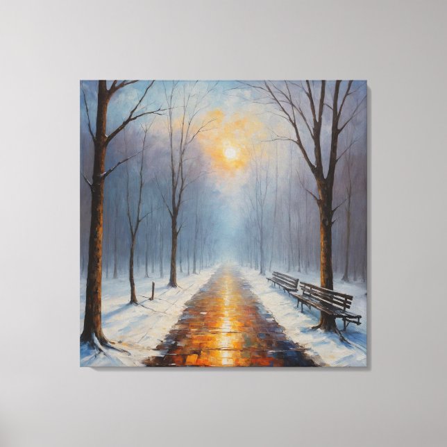 Impressão Em Tela pintura de um caminho com bancos e árvores no (Frente)