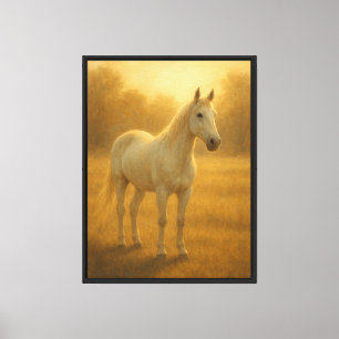 Impressão Em Tela Pintura de um Cavalo Branco à Luz do Sol Dourada