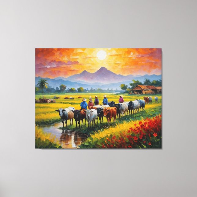 Impressão Em Tela pintura de um grupo de pessoas com vacas (Frente)