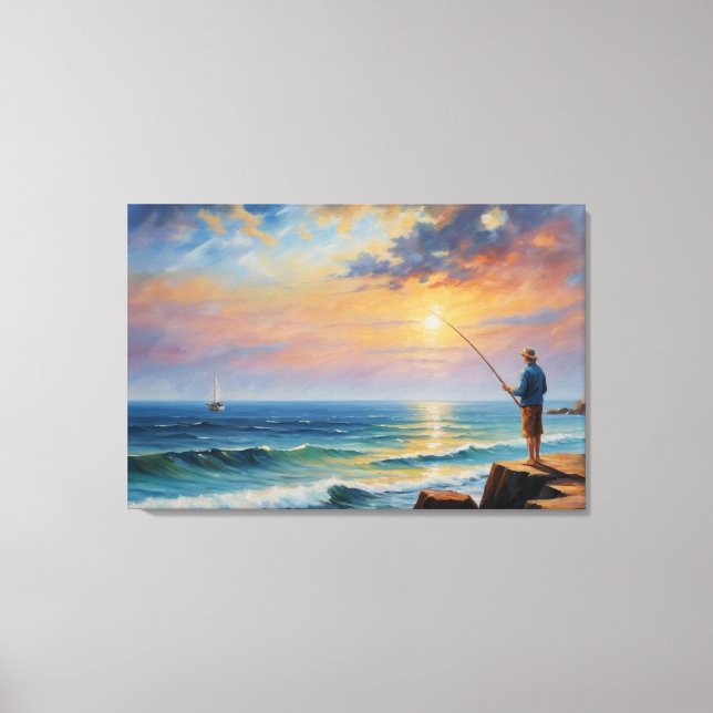 Impressão Em Tela pintura de um homem pescando em uma praia rochosa (Frente)