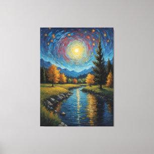 Impressão Em Tela pintura de um rio com árvores e montanhas
