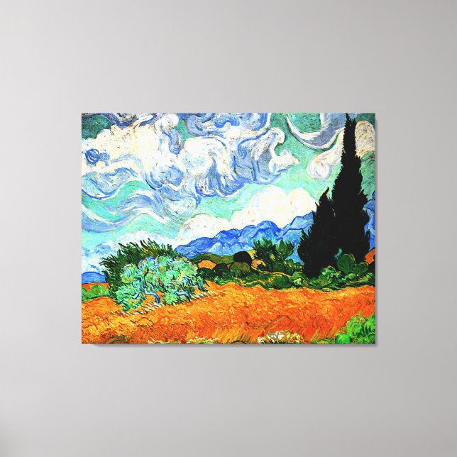Impressão Em Tela Pintura de Van Gogh, Wheatfield com Cypress Tree (Frente)