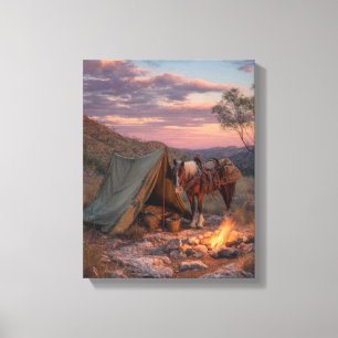 Impressão Em Tela Pintura do pôr do sol do acampamento de cowboy Cav