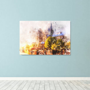 Impressão Em Tela Pintura em Aquarela Catedral de Notre Dame ao Nasc