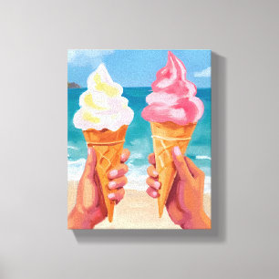 Impressão Em Tela Pintura em Aquarela de Sorvete Praia Oceano