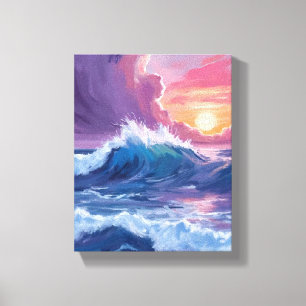 Impressão Em Tela Pintura em Aquarela do Pôr do Sol com Ondas do Oce