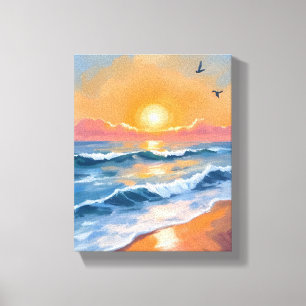 Impressão Em Tela Pintura em Aquarela do Pôr do Sol no Oceano Pastel