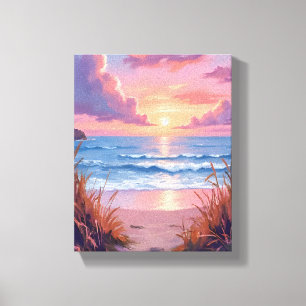Impressão Em Tela Pintura em Aquarela do Pôr do Sol no Oceano Rosa n
